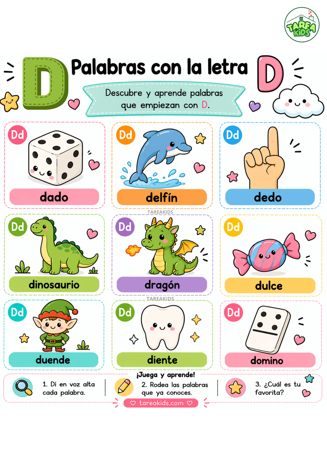 ficha visual con palabras con D — dado, dedo, diente, dinosaurio, delfín, dulce, ducha, dragón, dominó