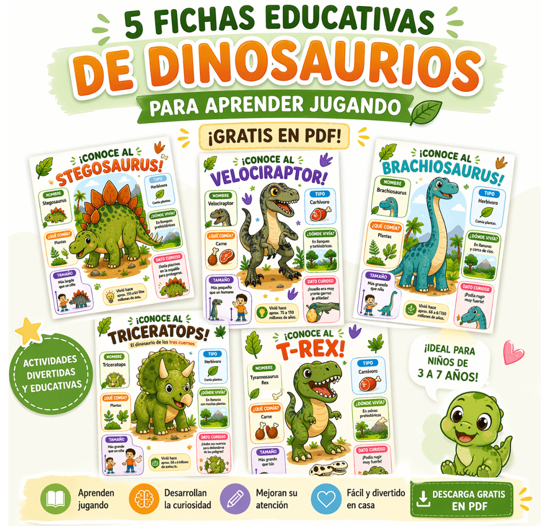 Set de 5 fichas educativas de dinosaurios para niños de 3 a 7 años — imprimibles gratis Tarea Kids