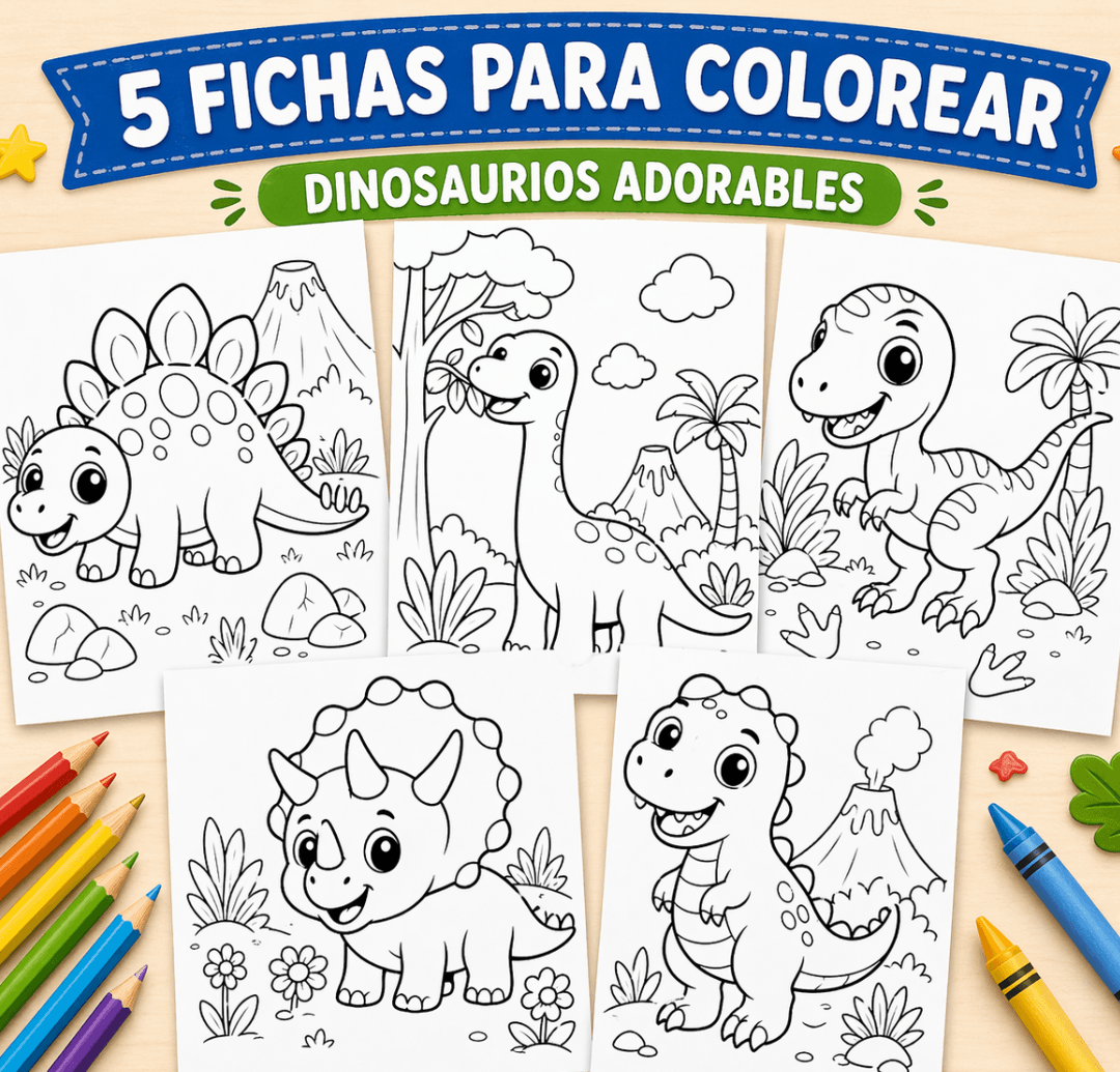 Set de 5 fichas para colorear faciles dinosaurios para niños de 3 a 7 años — imprimibles gratis Tarea Kids