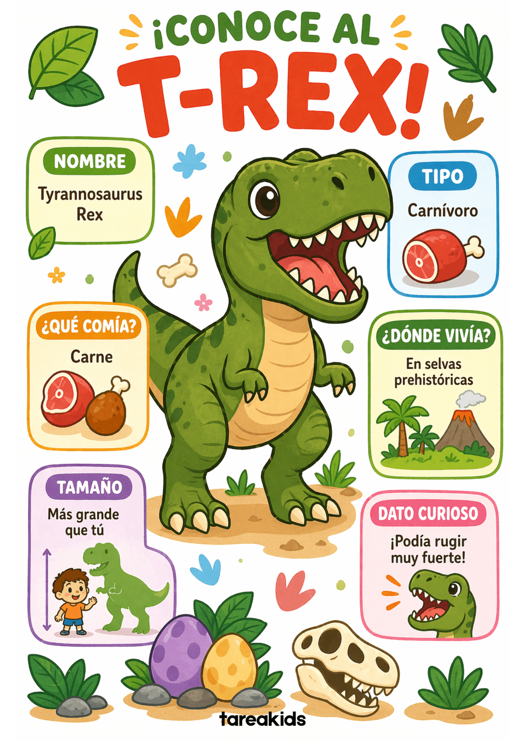 Ficha educativa del T-Rex para niños — dinosaurios para niños imprimible gratis Tarea Kids
