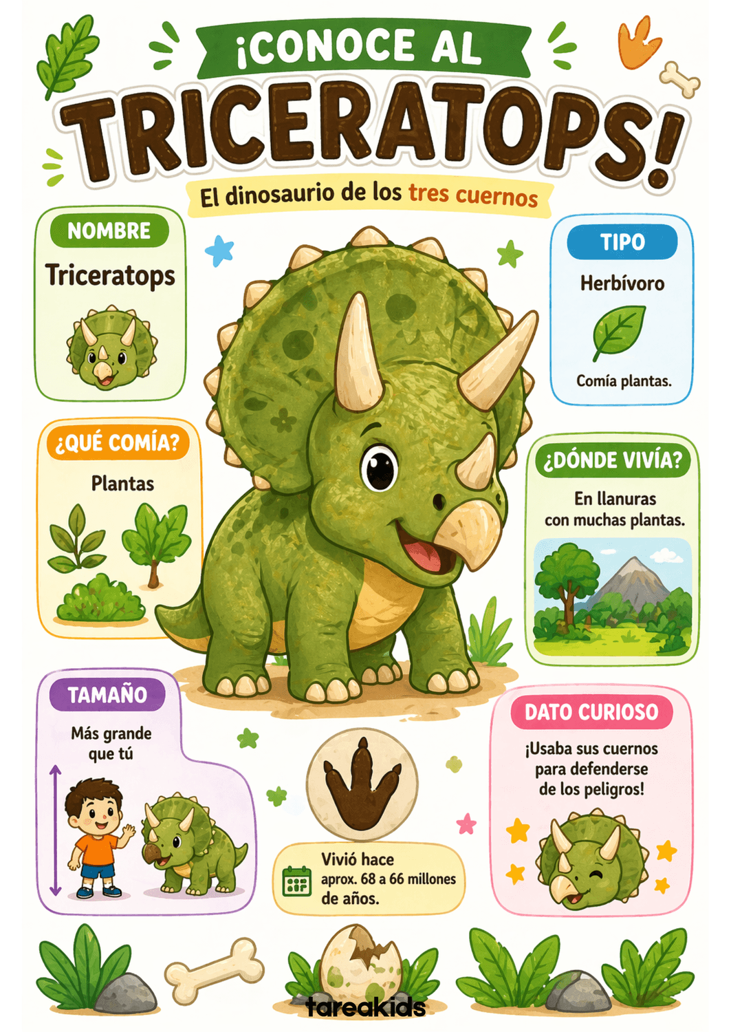 Ficha educativa del Triceratops para niños de 3 a 7 años — fichas dinosaurios pdf gratis