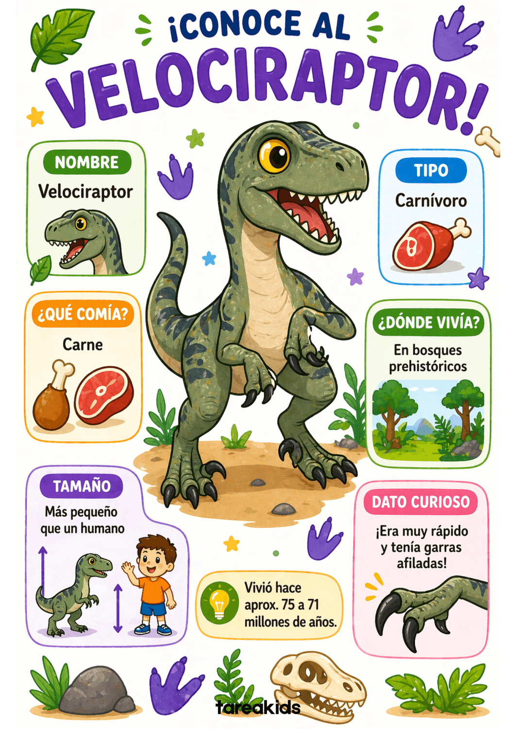 Ficha educativa del Velociraptor para niños — actividades dinosaurios infantil imprimibles