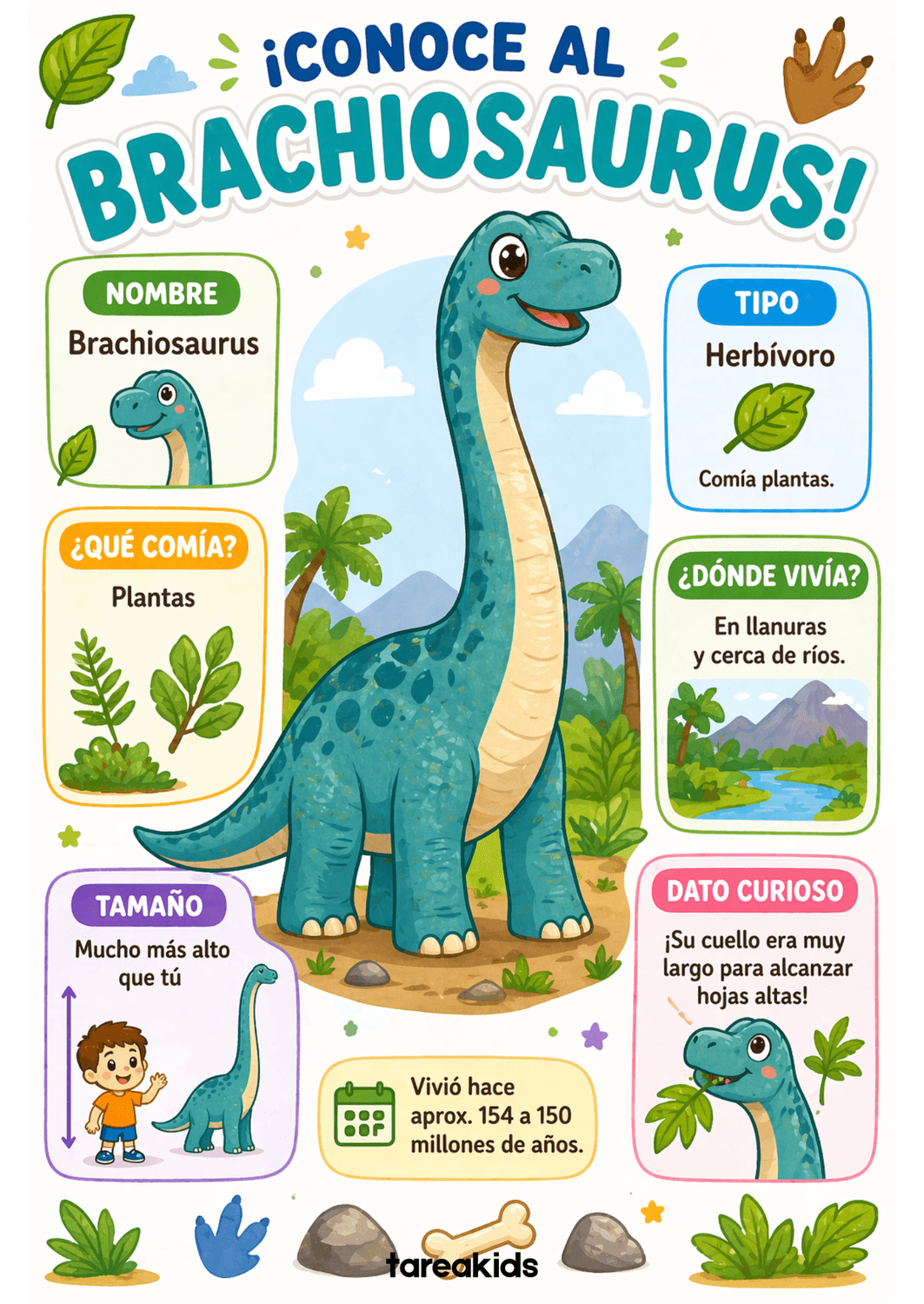 Ficha educativa del Brachiosaurus para niños — dinosaurios para imprimir gratis Tarea Kids