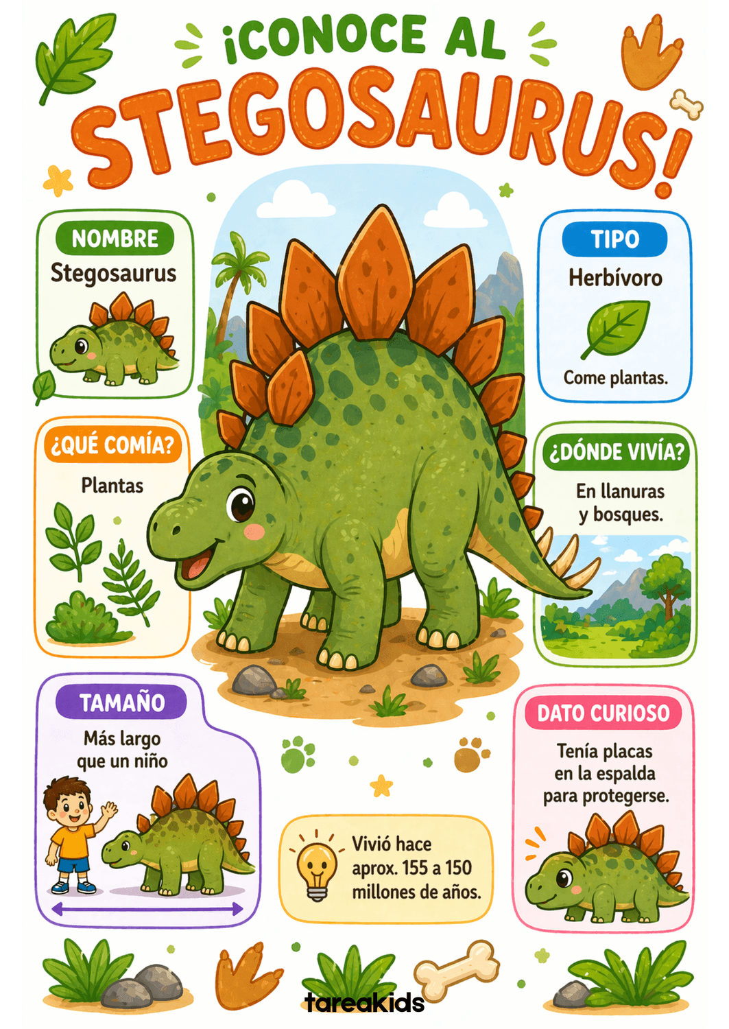 Ficha educativa del Stegosaurus para niños de preescolar — fichas dinosaurios imprimibles gratis
