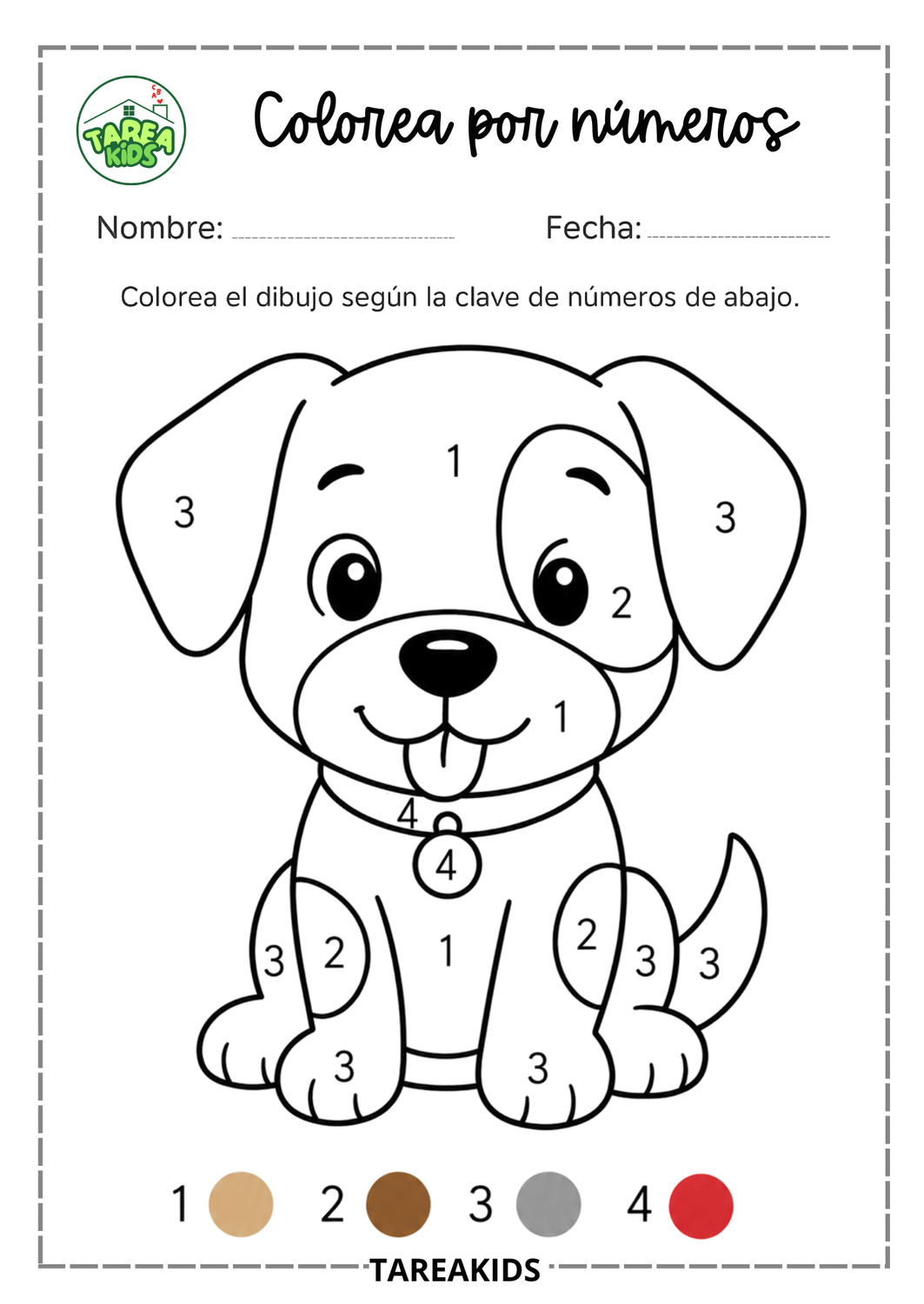 Ficha de colorea por números - perrito para niños de 3 a 5 años