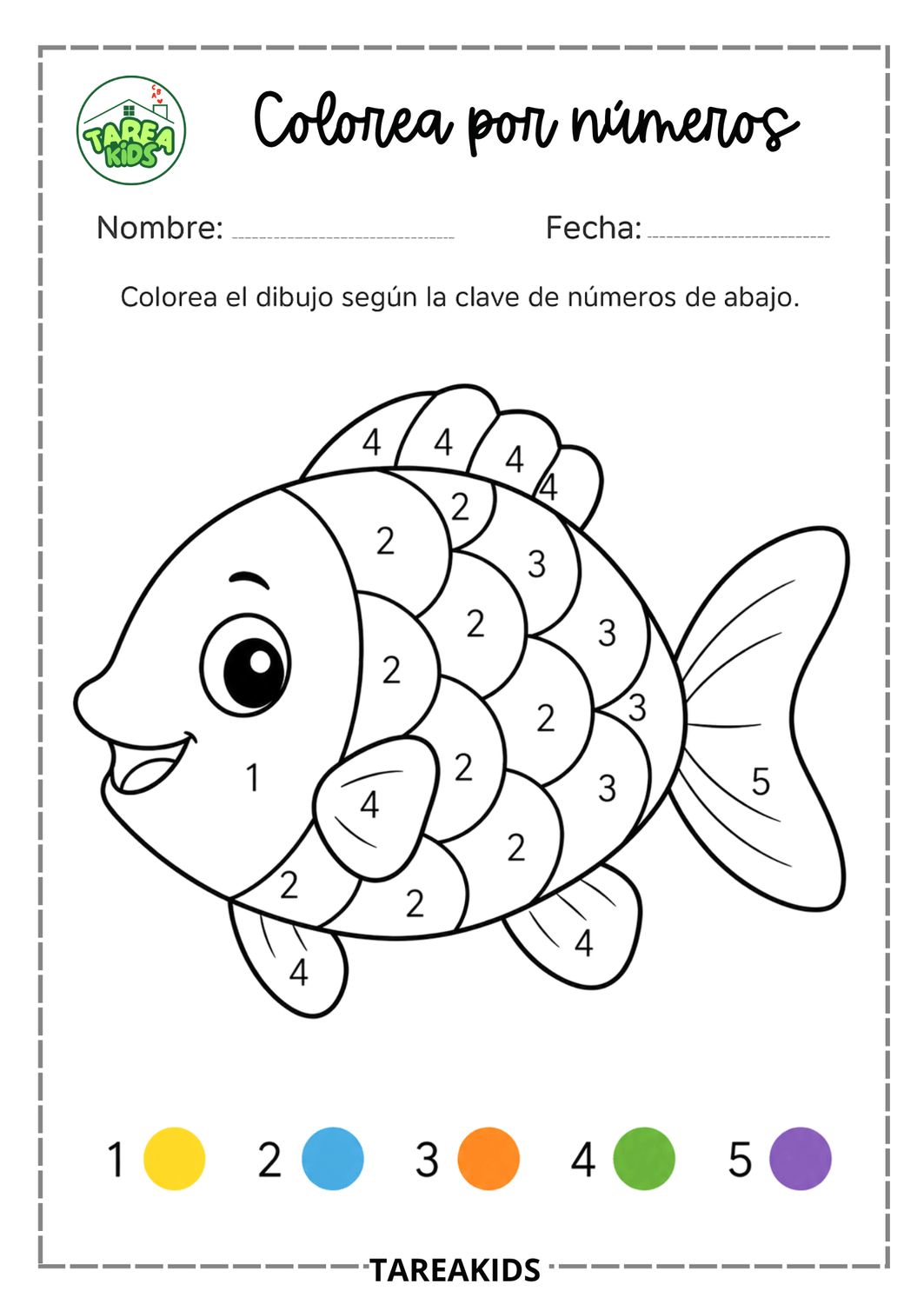 Ficha de colorea por números - pez para niños de 3 a 5 años