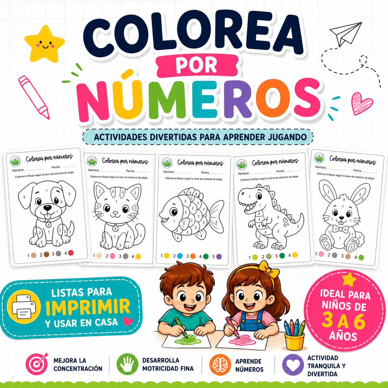 Pack de 5 fichas de colorea por números para imprimir gratis