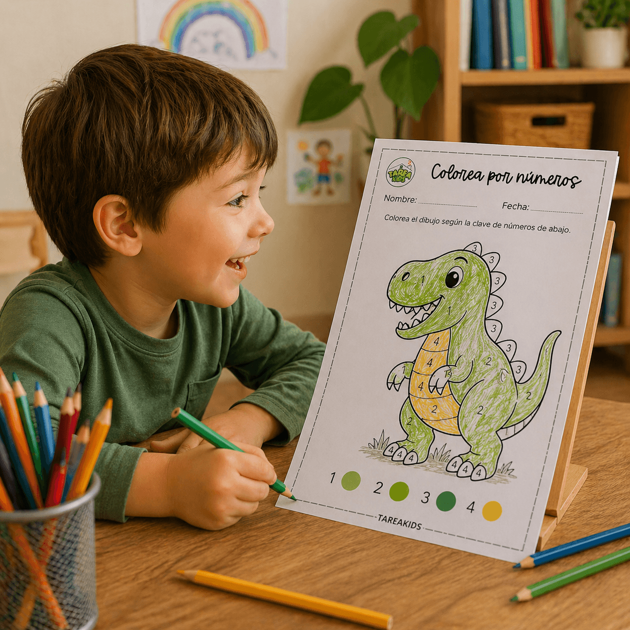 Niño haciendo actividades educativas en casa con fichas para imprimir