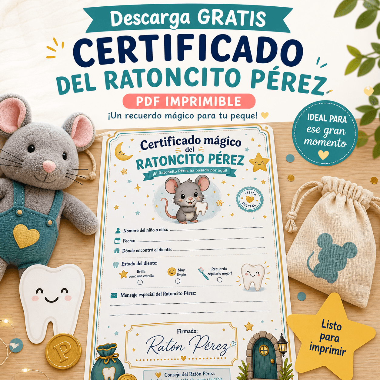 Certificado del Ratón Pérez imprimible gratis para niños en PDF