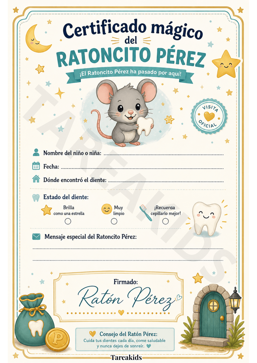 Detalle del certificado mágico del Ratón Pérez con espacio para nombre y fecha