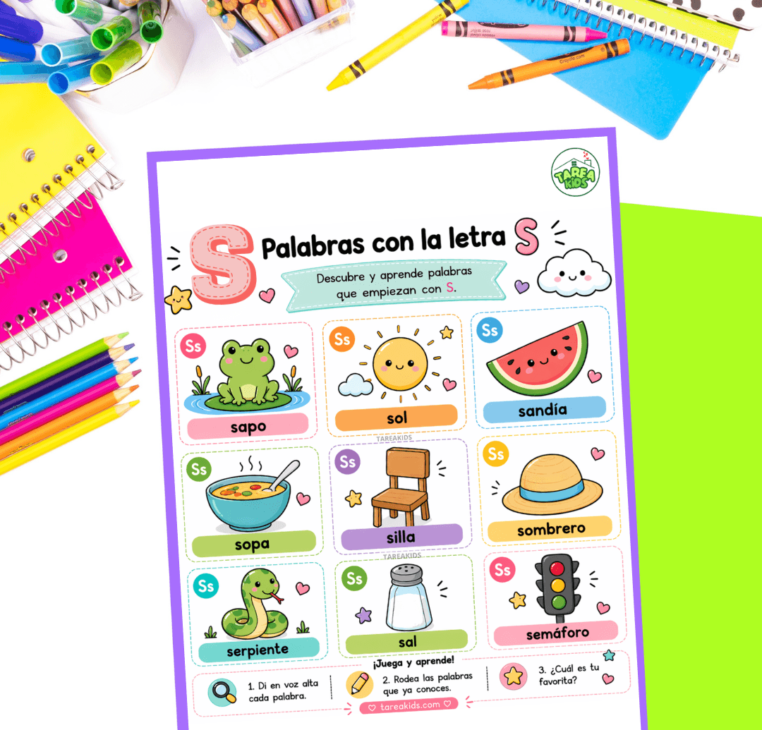 Ficha visual con palabras con la letra S para niños: sapo, sol, sandia, sopa,silla, sombrero, serpiente, sal y semáforo con ilustraciones coloridas