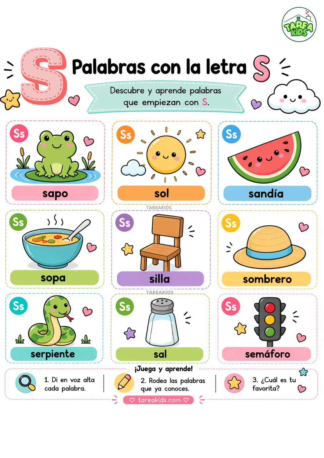 ficha visual con palabras con S — sapo, sol, sandia, sopa,silla, sombrero, serpiente, sal y semáforo