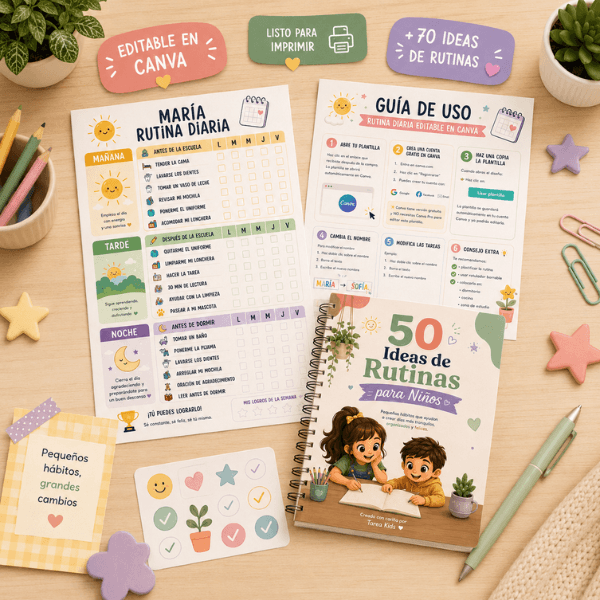 Rutina de mañana para niños de Tarea Kids: tabla interactiva con 5 pasos para fomentar la autonomía infantil con ilustraciones estilo acuarela.