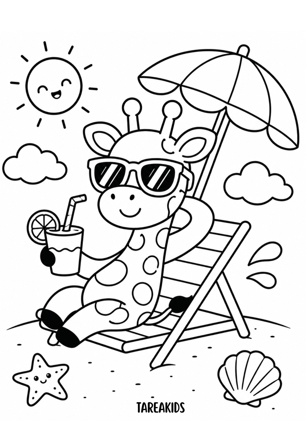 Dibujo de jirafa kawaii en la playa para colorear – imprimible de verano Tarea Kids