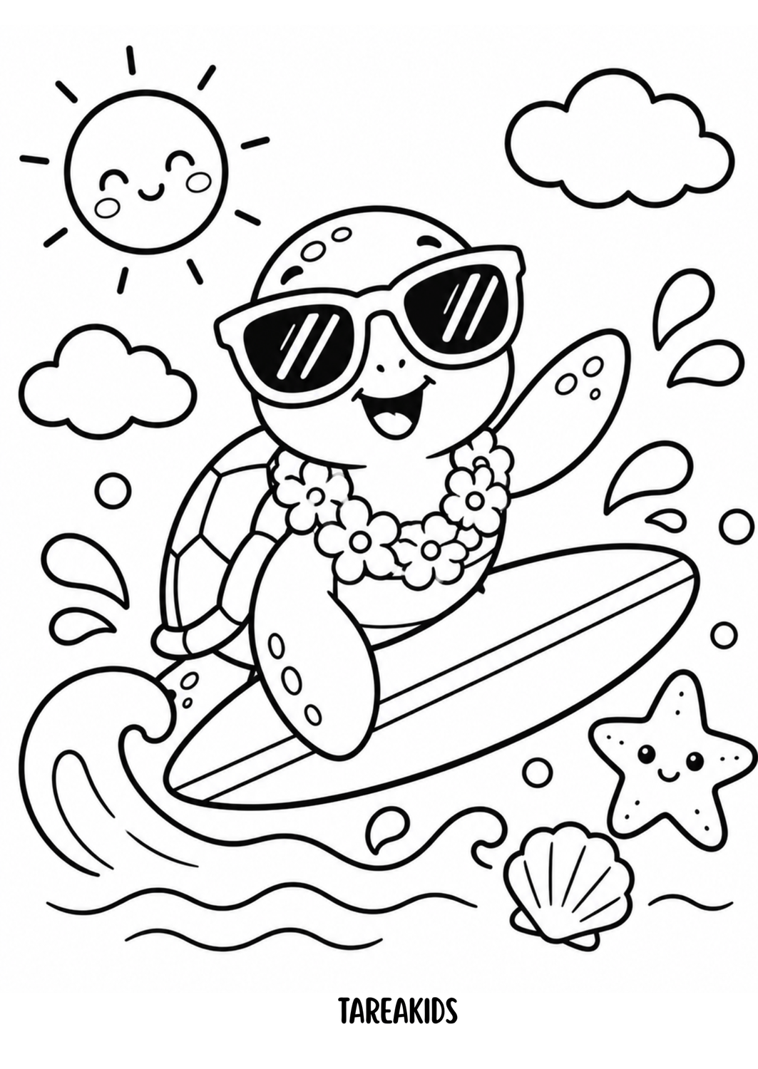 Hoja para colorear de tortuga kawaii surfeando olas de verano – Tarea Kids