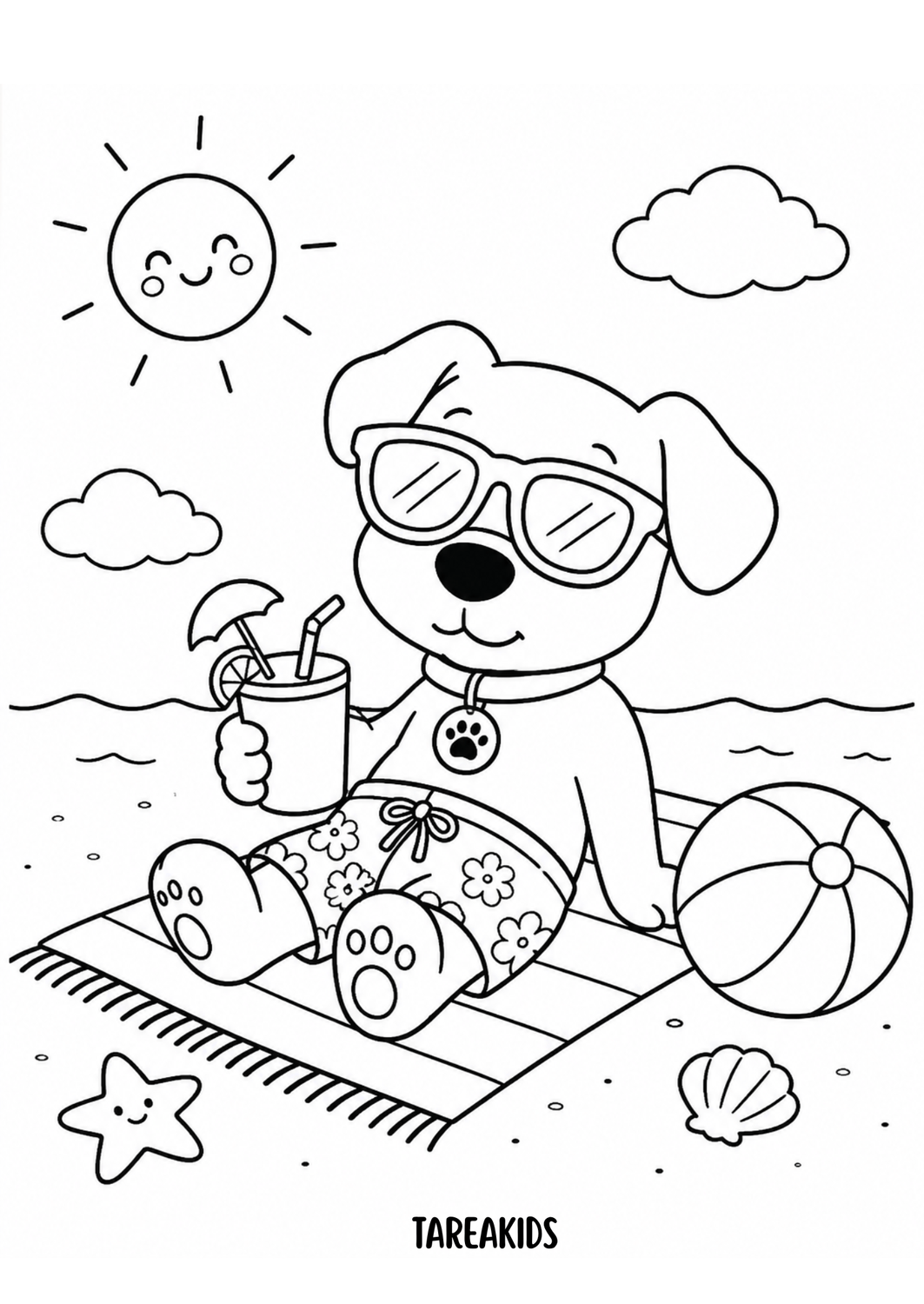 Coloring page de perrito tumbado en la playa con zumo – kawaii Tarea Kids