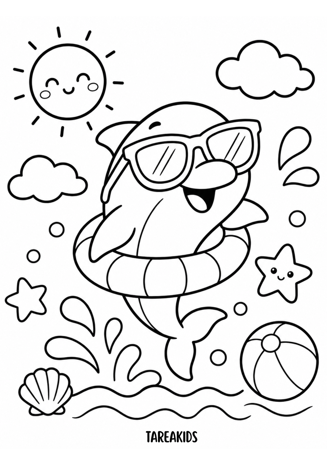 Coloring page de delfín kawaii con gafas de sol y flotador – Tarea Kids