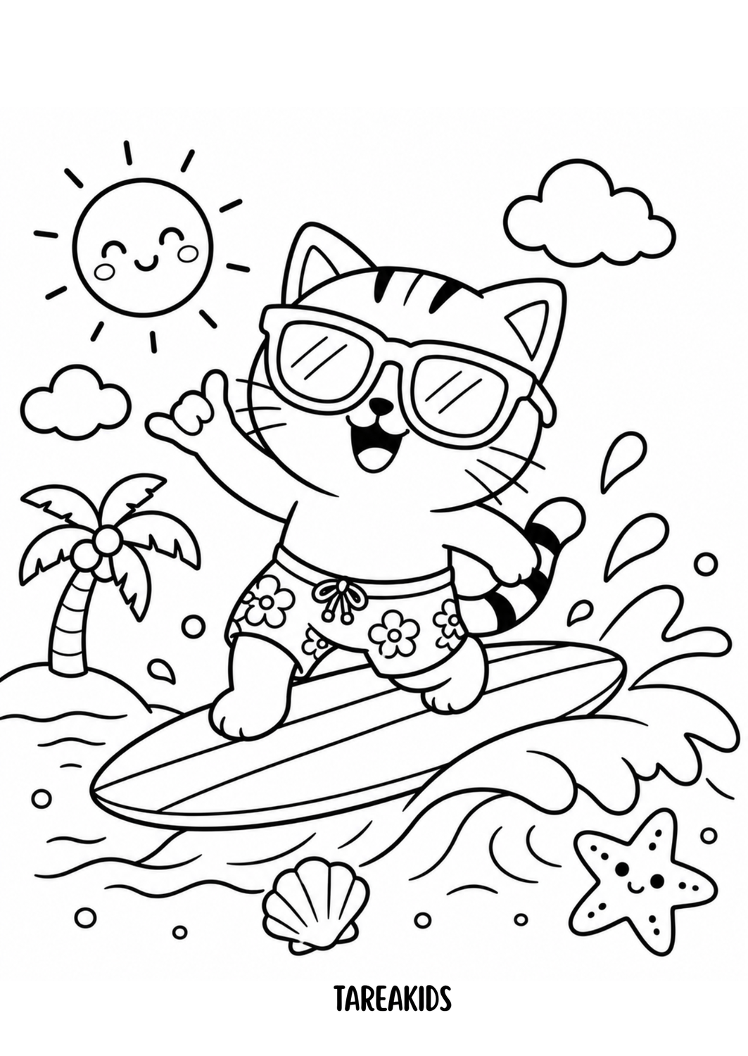 floreadoColoring page de gatito surfeando con bañador floreado – Tarea Kids