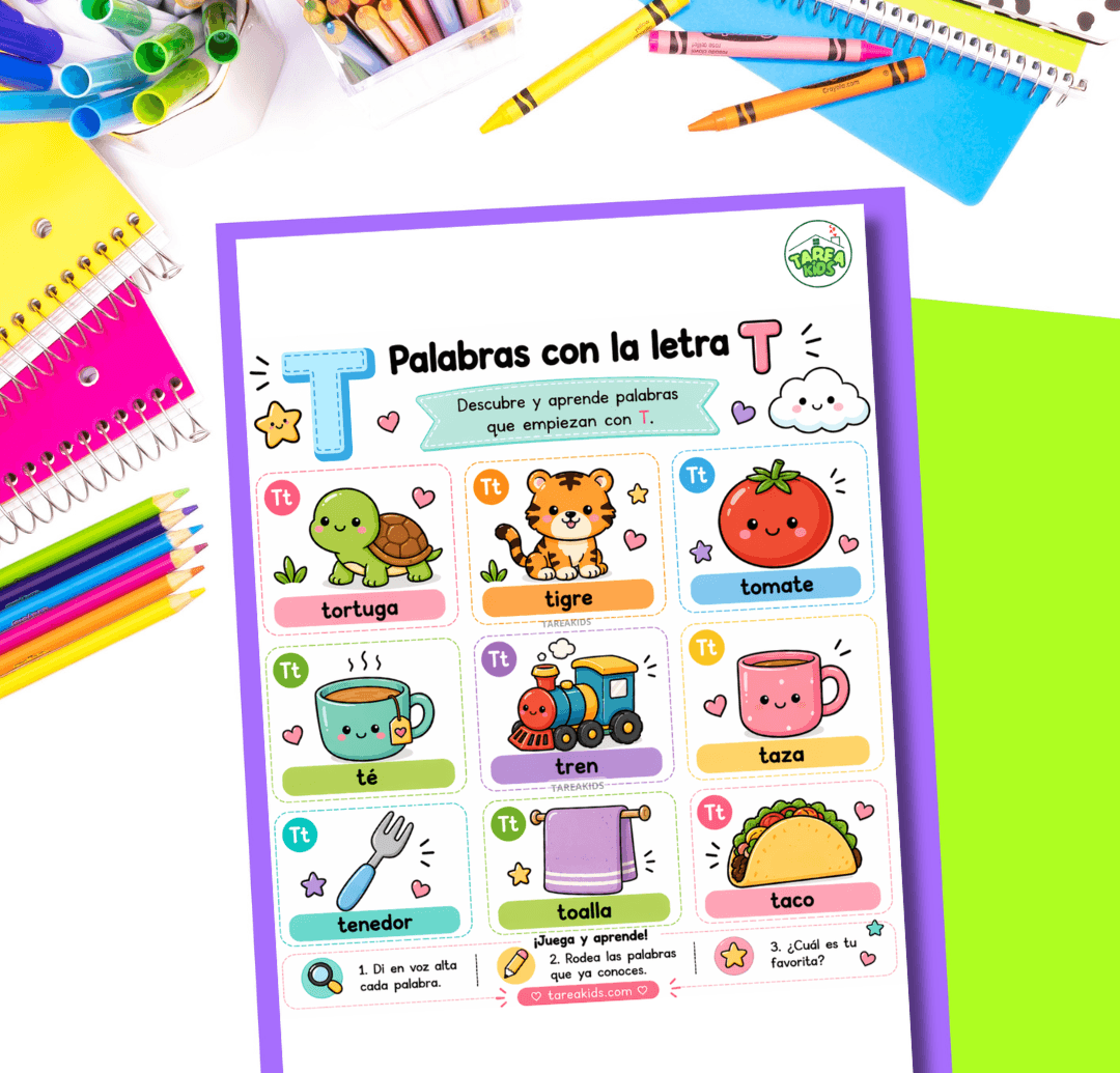 Ficha visual con palabras con la letra T para niños: Tortuga, tigre, tomate, té, tren, taza, tenedor, toalla y taco con ilustraciones coloridas