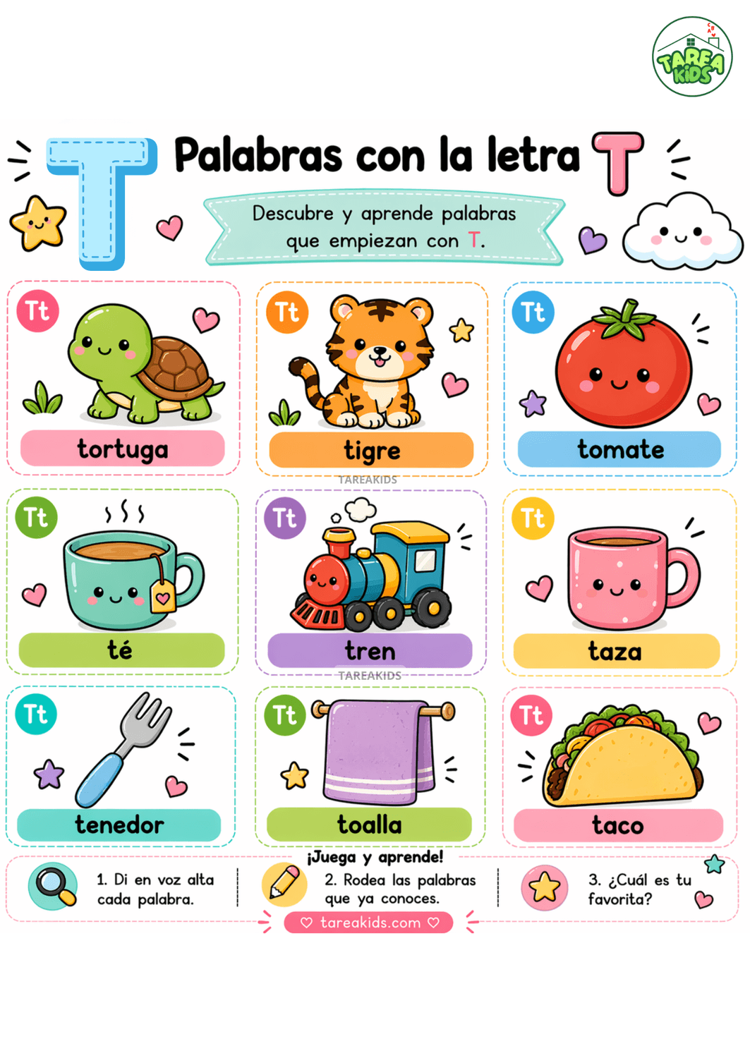 ficha visual con palabras con T — Tortuga, tigre, tomate, té, tren, taza, tenedor, toalla y taco