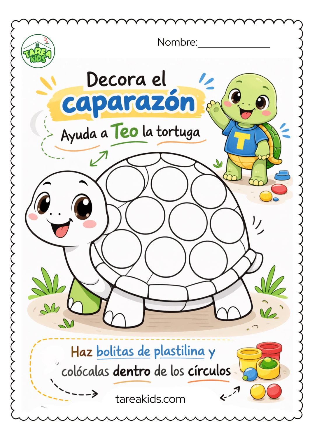 Actividad con plastilina para niños de 3 a 5 años: decorar el caparazón de la tortuga Teo con bolitas de plastilina de colores – Tarea Kids
