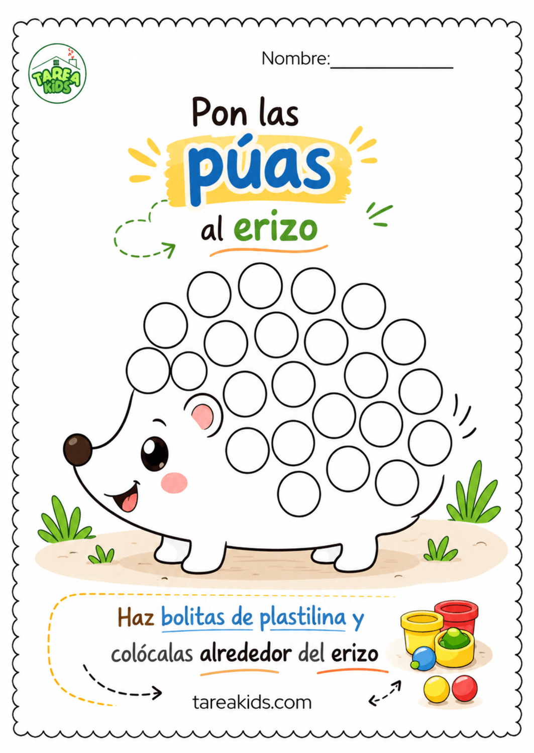 Fichas de plastilina para infantil: poner las púas al erizo con bolitas de plastilina para trabajar la motricidad fina