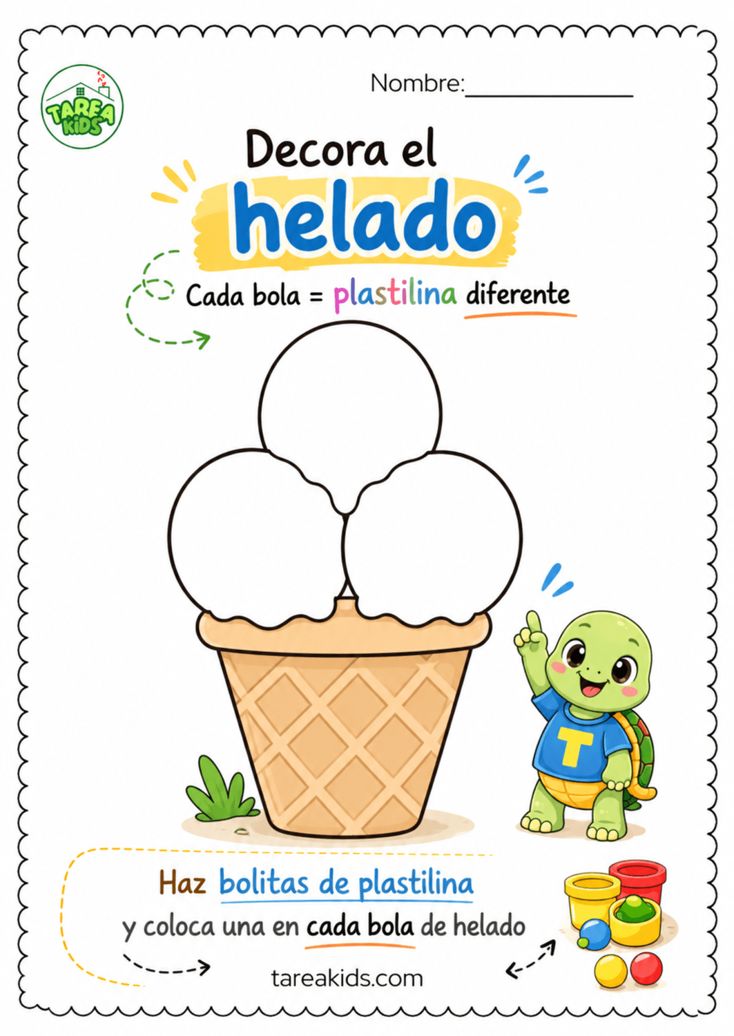 Actividades sensoriales con plastilina para preescolar: decorar el helado con bolitas de plastilina de diferentes colores