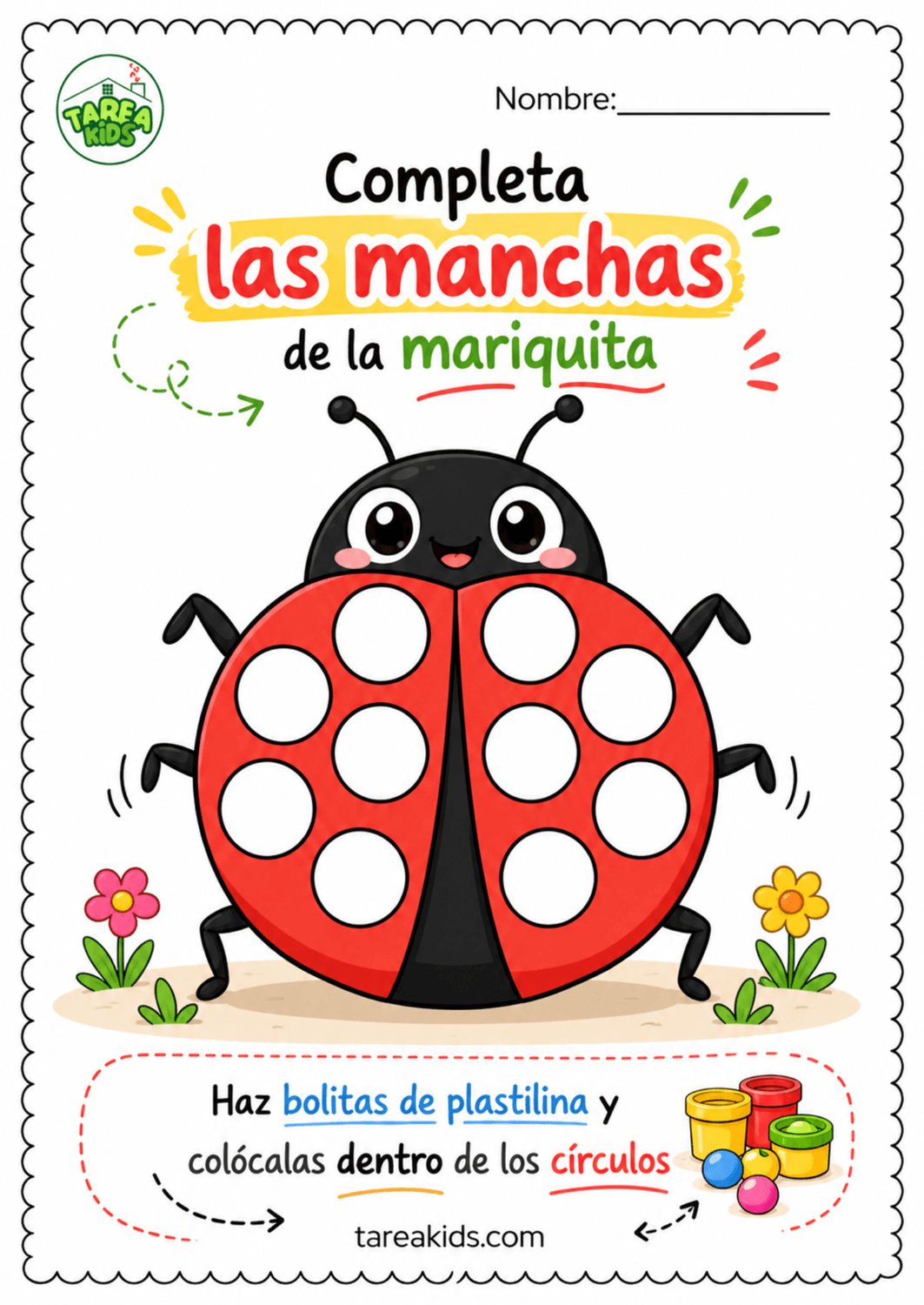 Fichas Montessori con plastilina para niños: completar las manchas de la mariquita para trabajar motricidad fina infantil