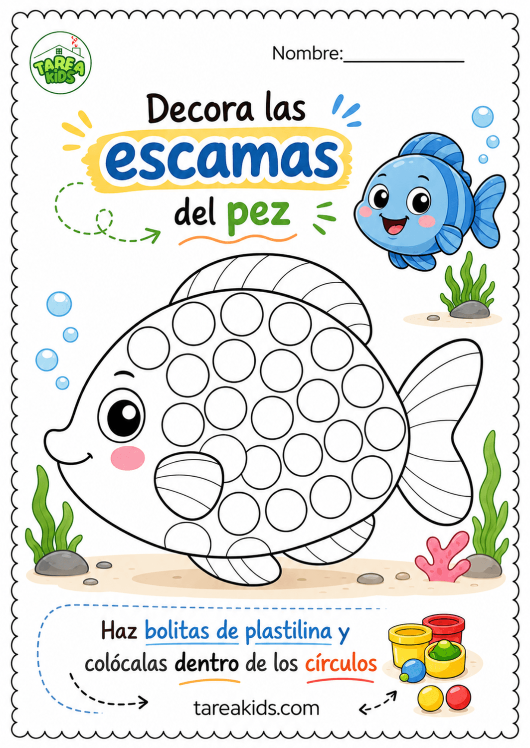 Actividades con plastilina imprimibles para preescolar: decorar las escamas del pez para desarrollar coordinación ojo-mano