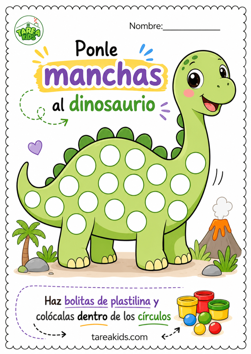 Fichas de plastilina para niños de 3 a 5 años: ponle manchas al dinosaurio con bolitas de plastilina – actividad educativa