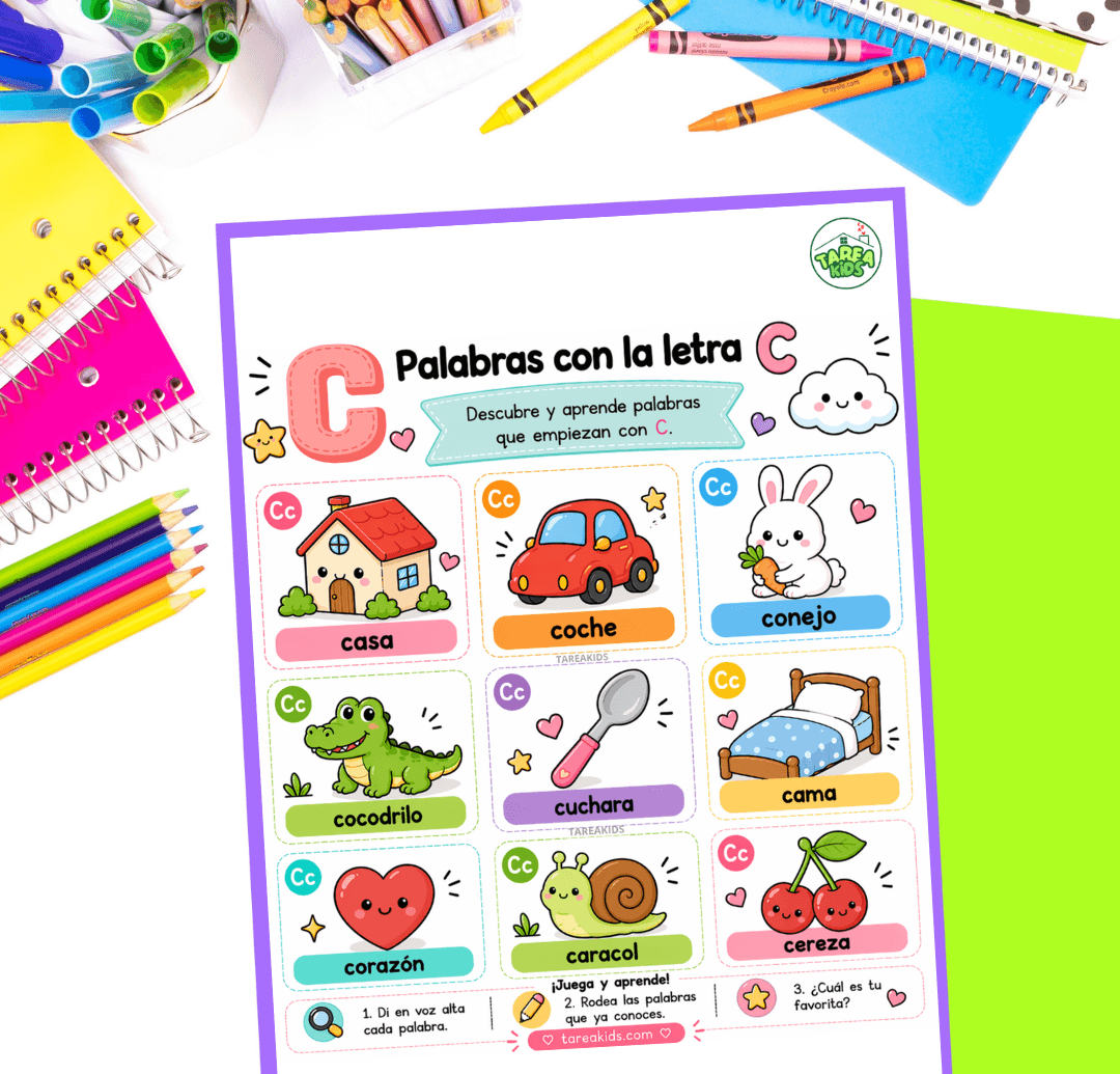 Ficha visual con palabras con la letra T para niños: Tortuga, tigre, tomate, té, tren, taza, tenedor, toalla y taco con ilustraciones coloridas