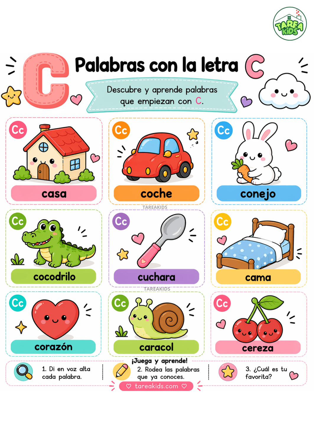 Ficha visual con palabras que empiezan por la letra C casa, coche, conejo, cocodrilo, cuchara,cama, corazón, caracol, cereza