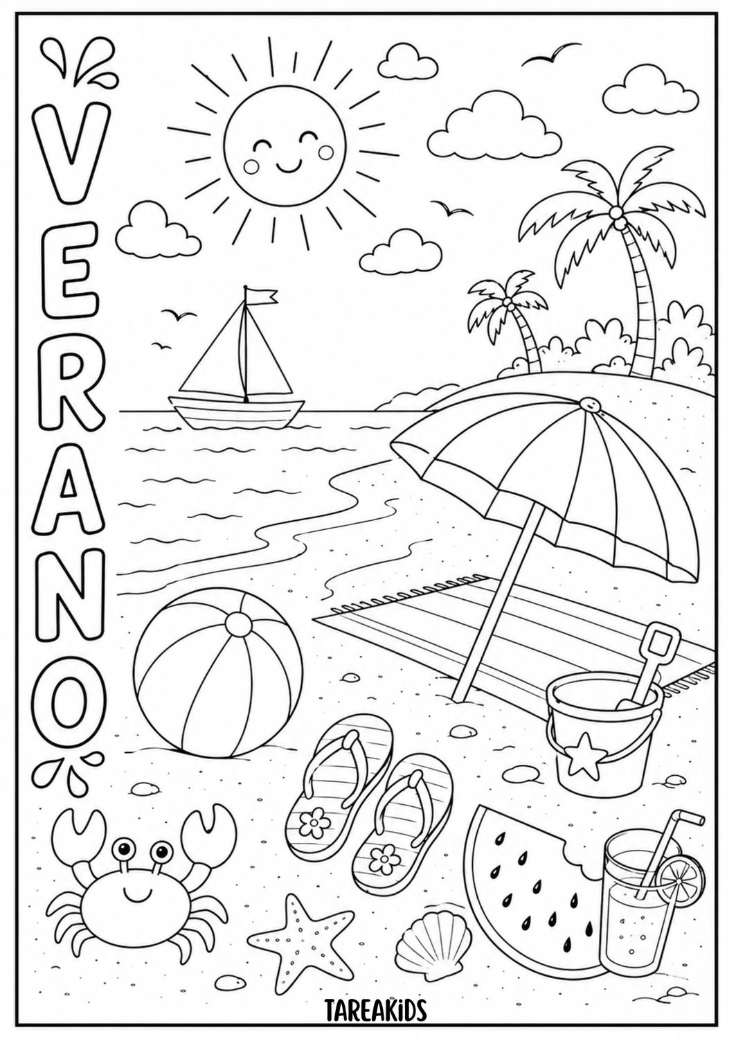 DIBUJO DE ESCENA DE VERANO PARA COLOREAR SIMPLE PARA NIÑOS EN EDAD PREESCOLAR