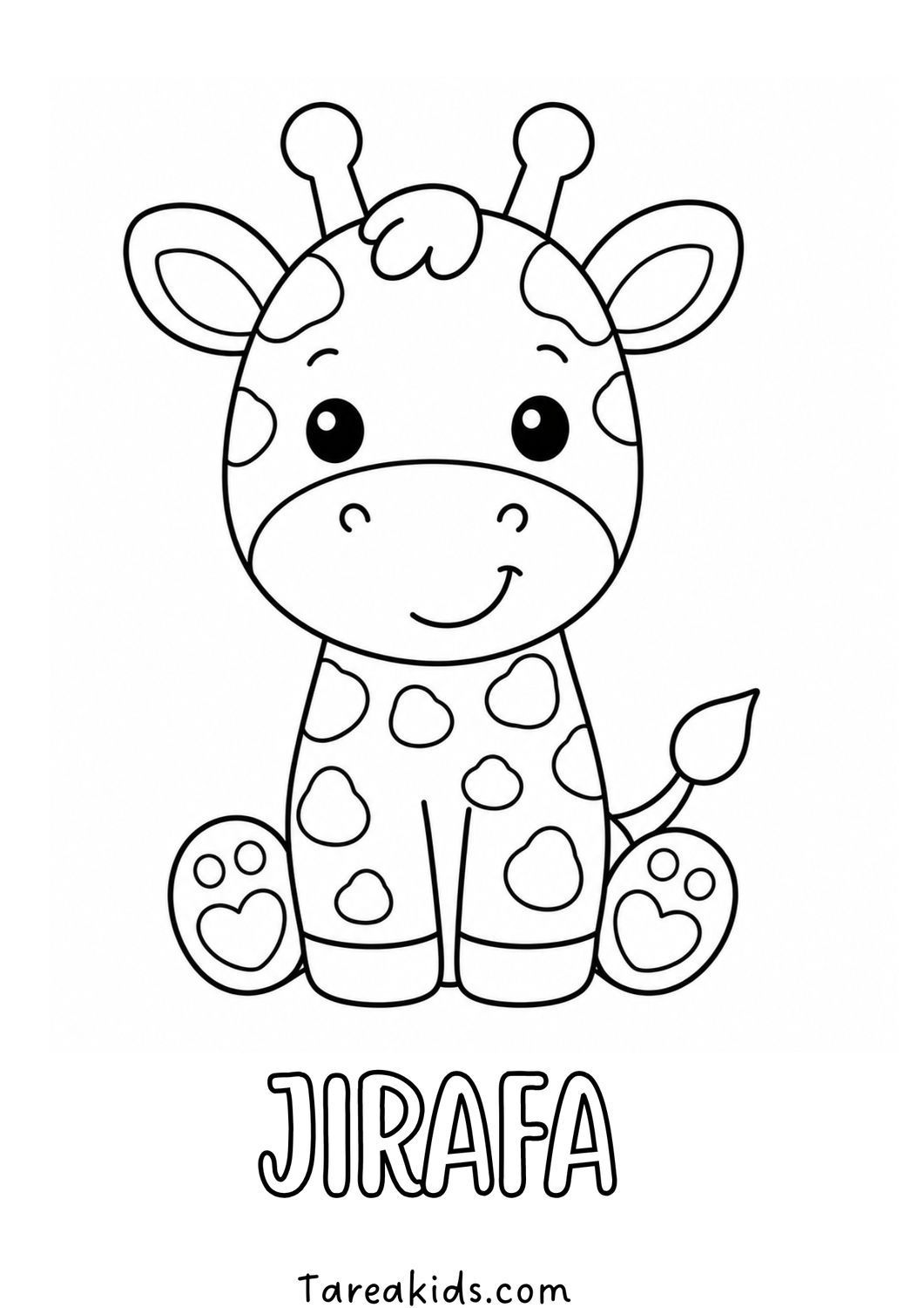 Hoja para colorear de una jirafa kawaii con cuello largo y manchas, ideal para niños de 3 a 6 años