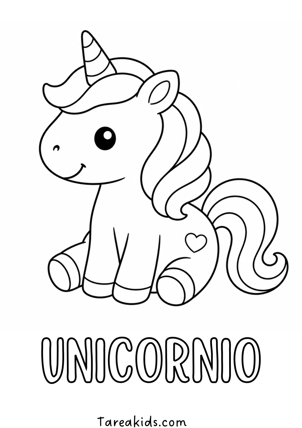 Página para colorear de unicornio kawaii sentado con melena y cuerno, para niños de preescolar