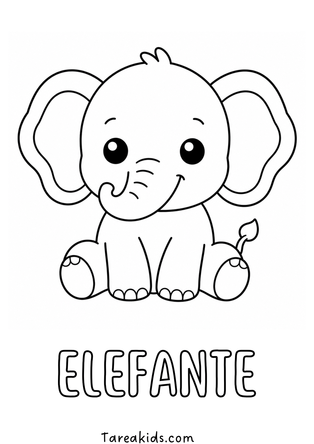 Dibujo de elefante bebé para colorear e imprimir, con grandes orejas y trompa, estilo kawaii