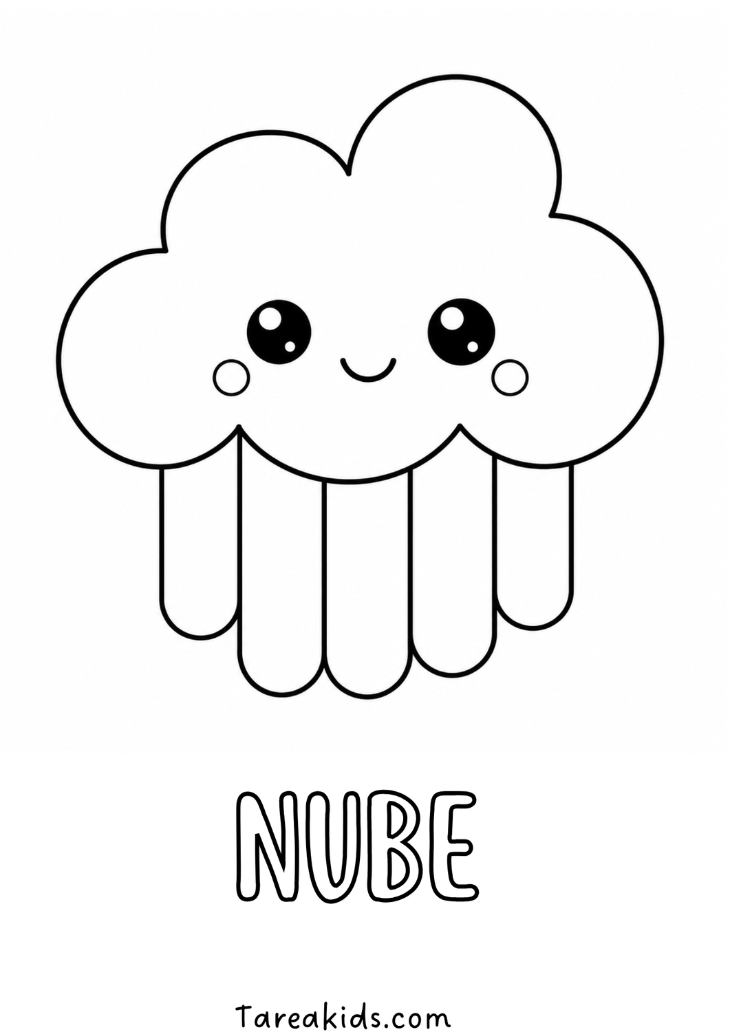 Hoja para colorear de nube kawaii con carita feliz y lluvia, para actividades preescolar