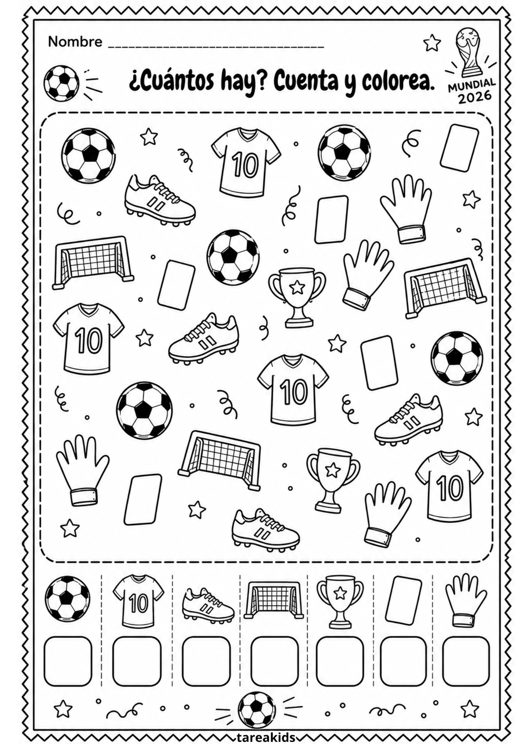 Actividad cuenta y colorea de fútbol para niños inspirada en el Mundial 2026