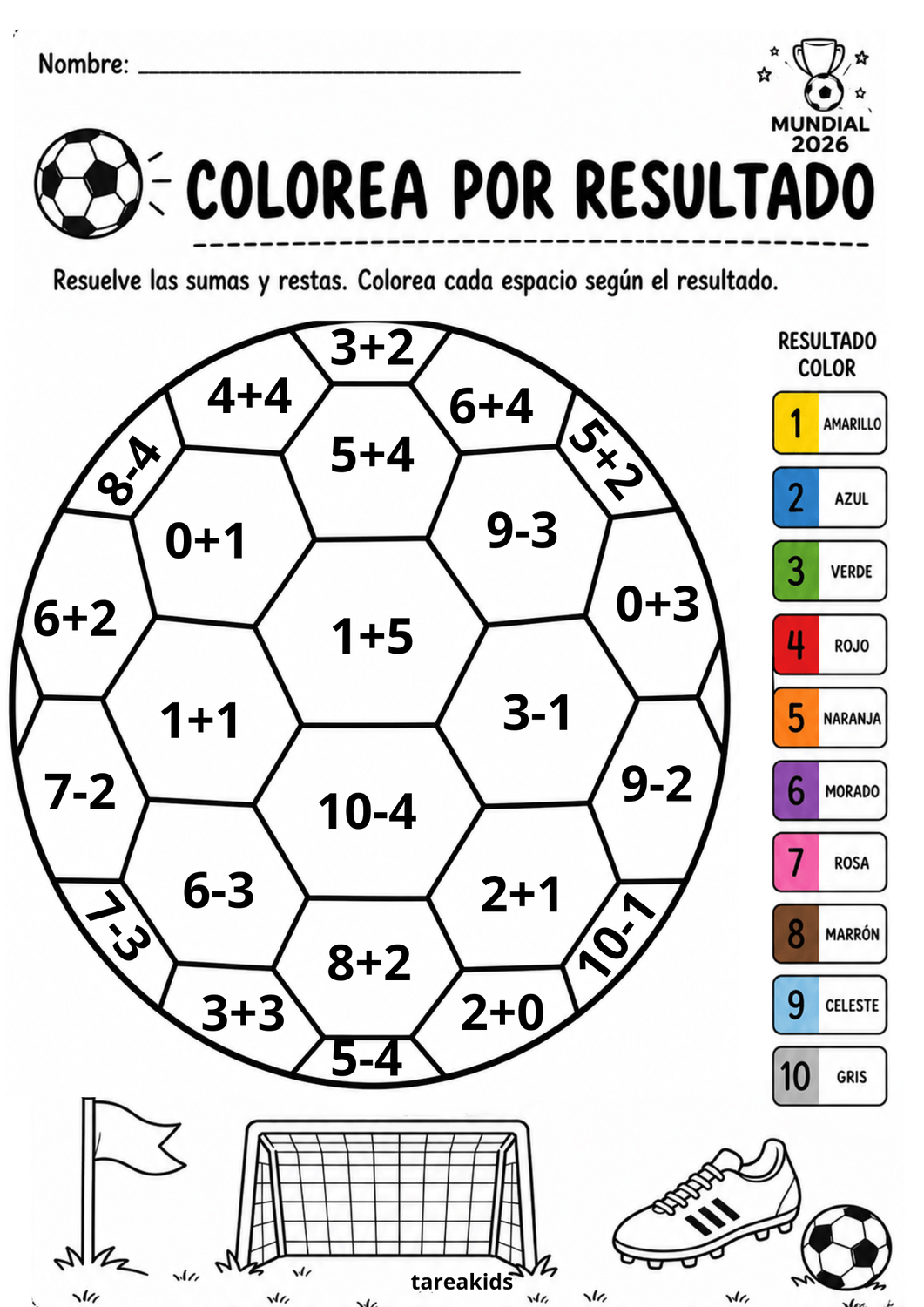 Balón de fútbol para colorear por resultado con sumas y restas para niños