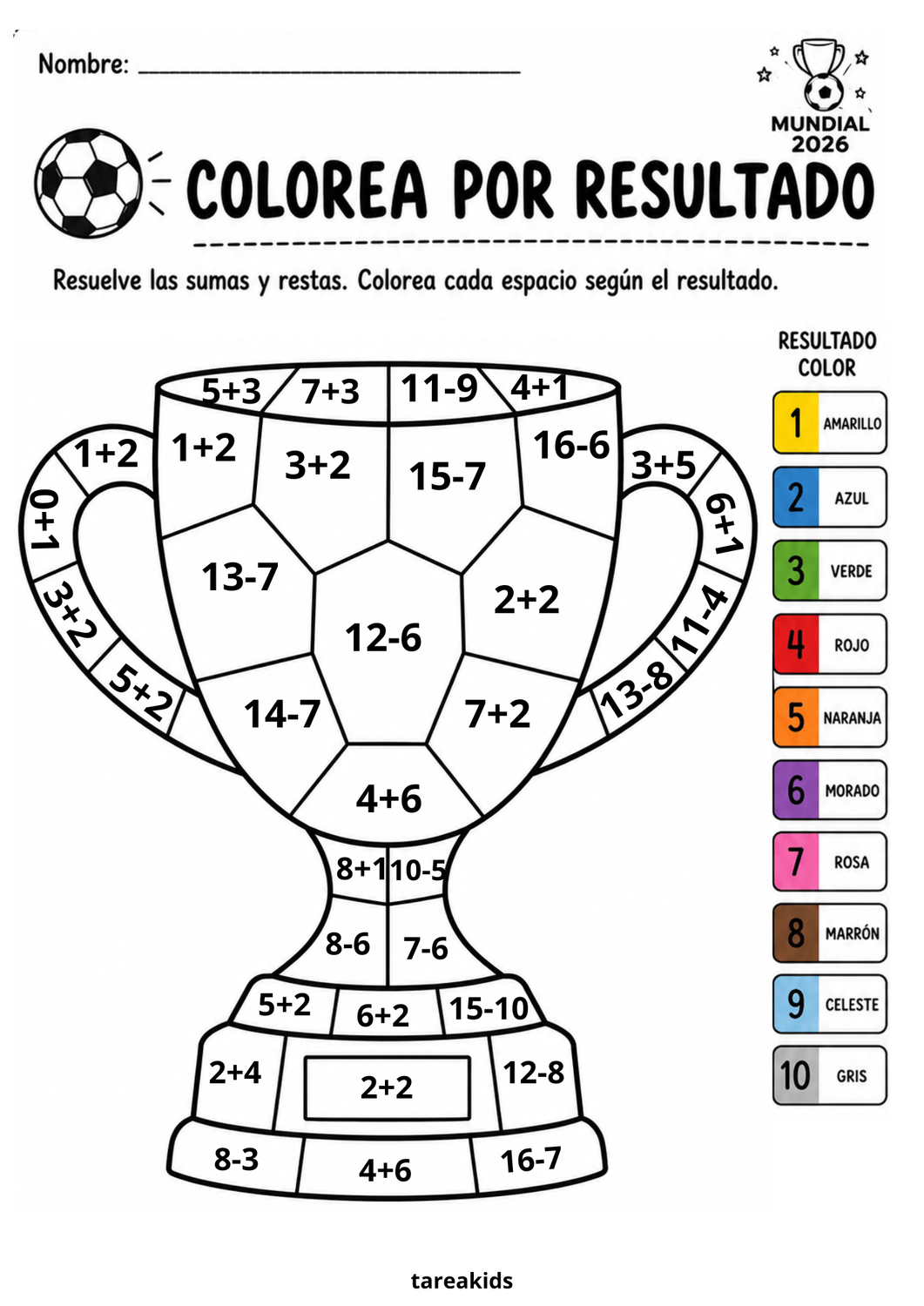 Copa de campeón para colorear por resultado y practicar matemáticas infantiles