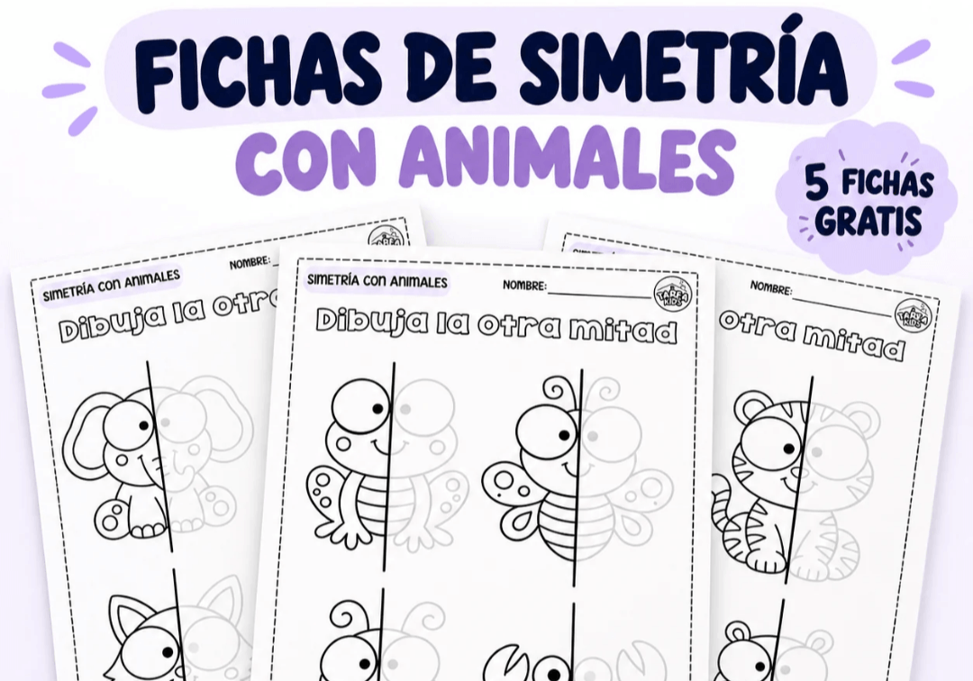 Fichas de simetría con animales para imprimir gratis
