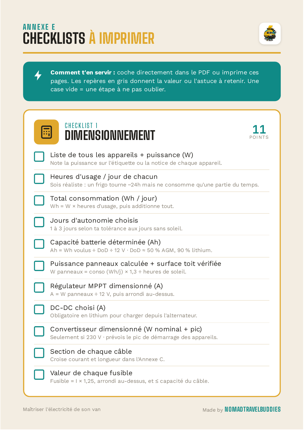 Checklist de dimensionnement de l'ebook