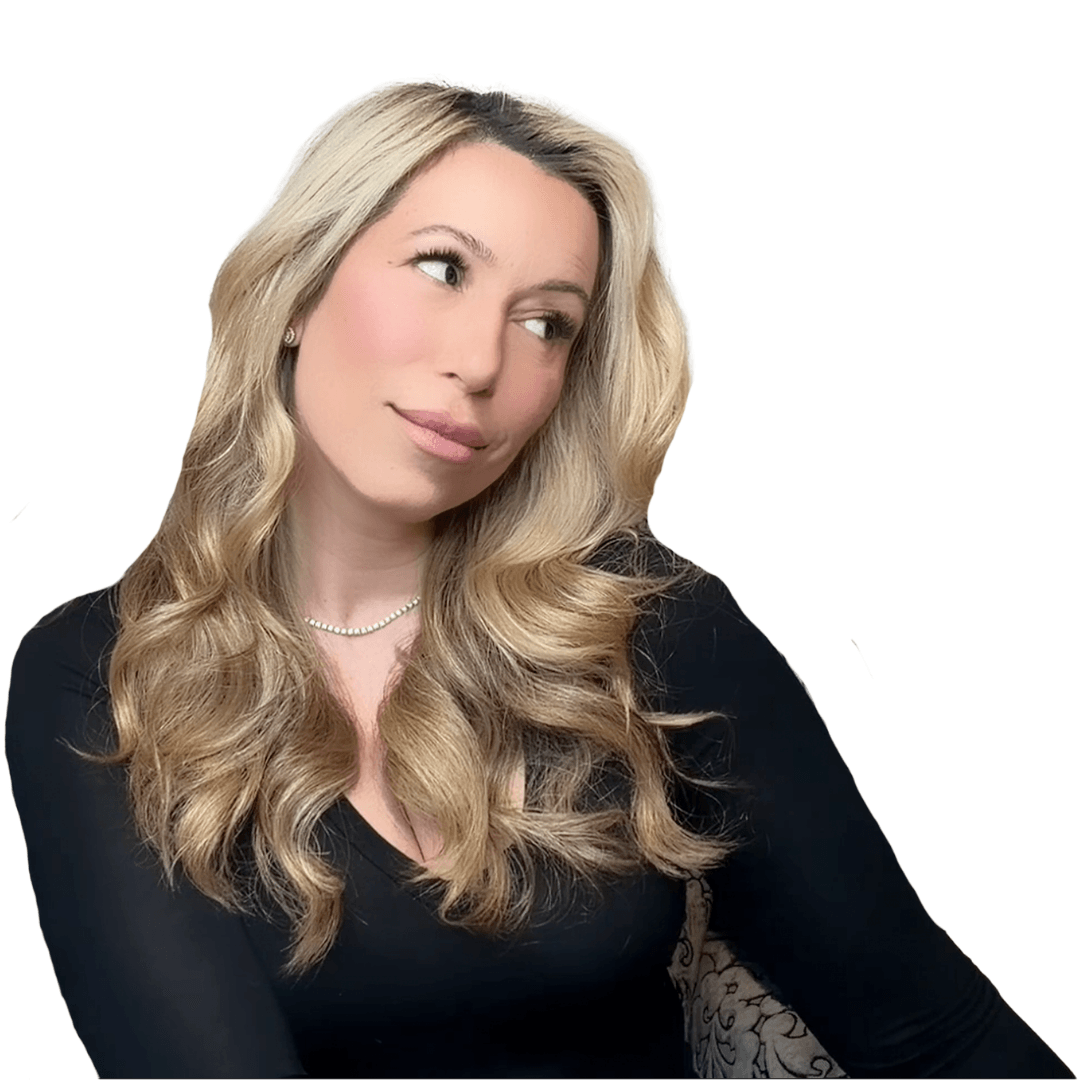 A poised woman with long blonde hair gazes thoughtfully to the side. She is wearing a one-shoulder black satin dress and subtle makeup, exuding elegance and confidence. The background is a soft beige with an overlay of glossy golden fabric, creating a luxurious and sophisticated atmosphere.