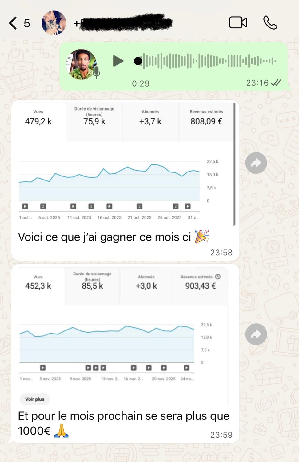 Capture d'écran de conversation avec Farid, élève Liberty YouTube IA, résultats et revenus