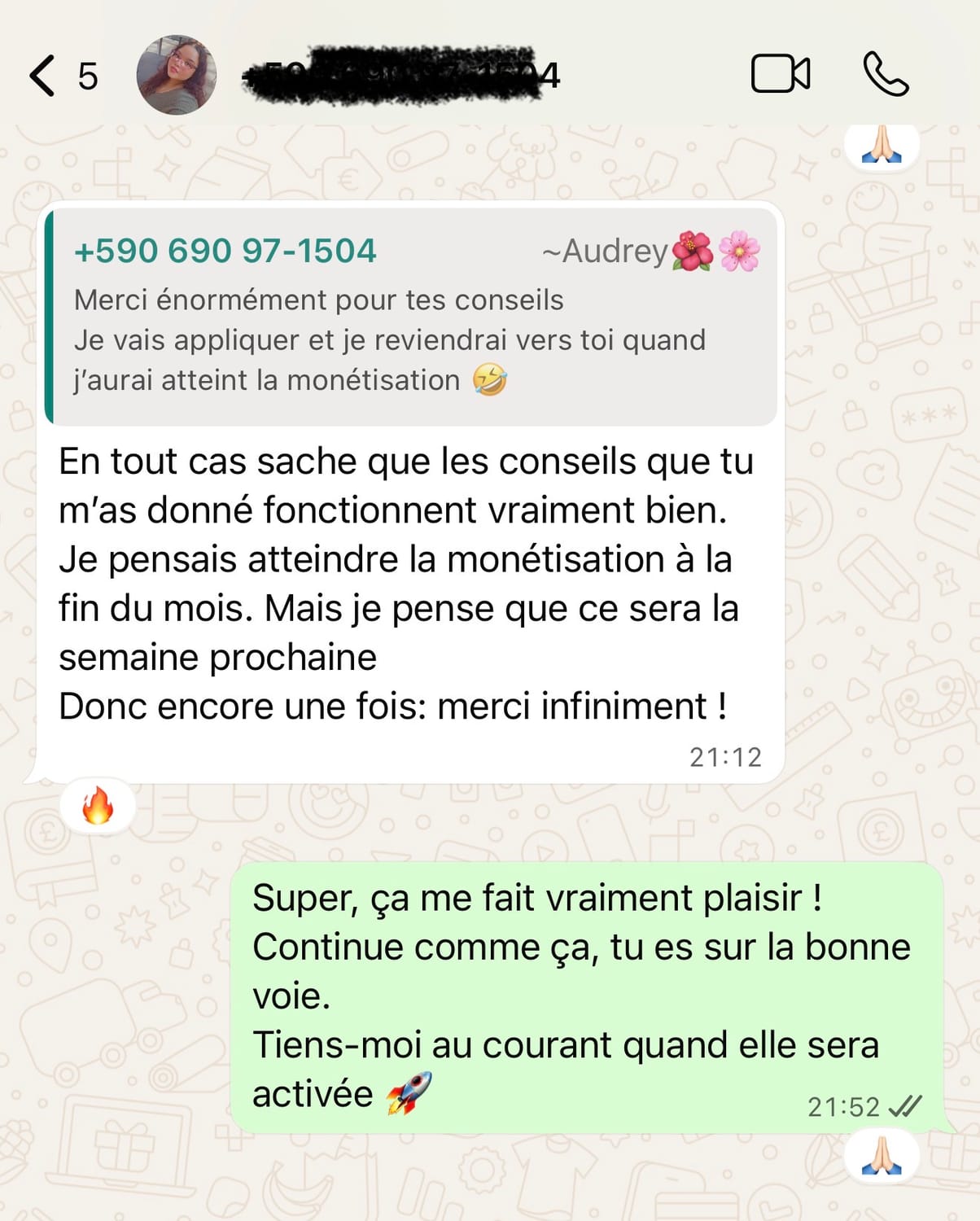 Capture d'écran de conversation avec Farid, élève Liberty YouTube IA, résultats et revenus