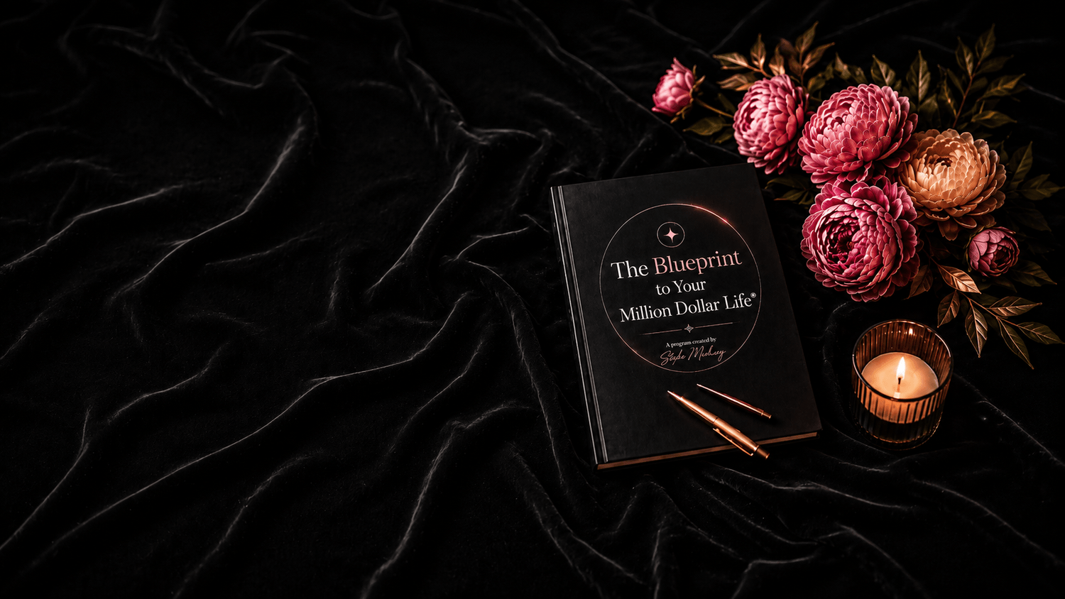 The Blueprint journal with flowers and candlelight