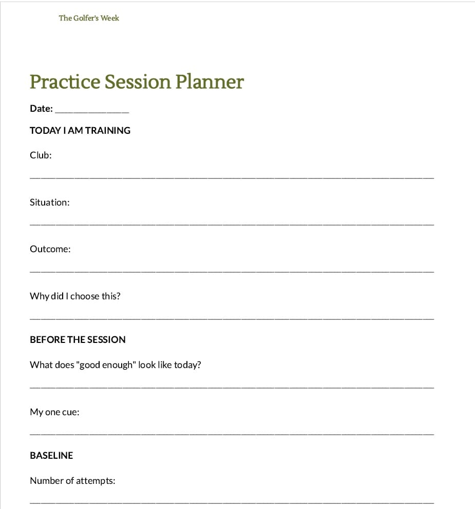 The Golfer's Week Practice Session Planner