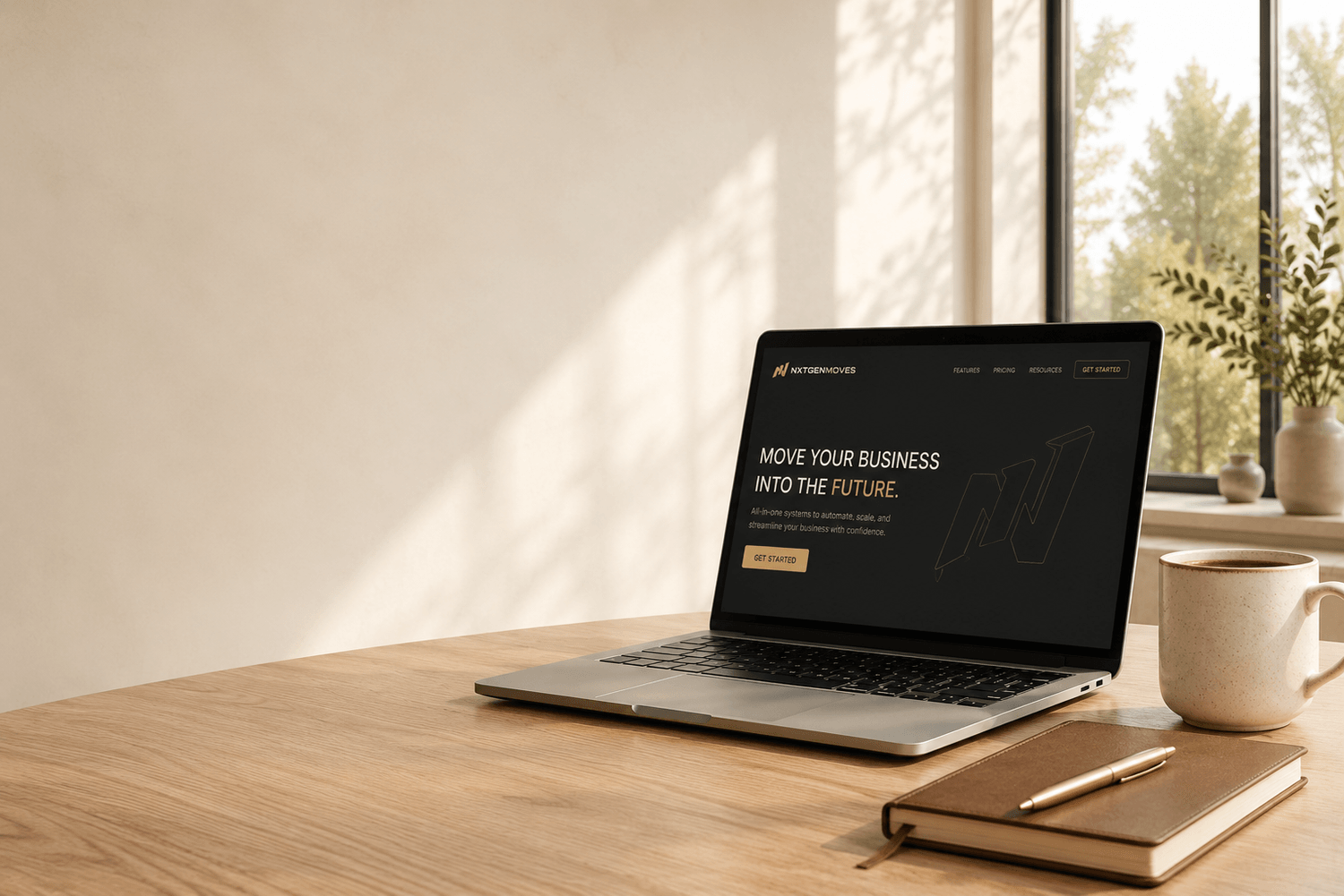 luxury laptop workspace neutral gold