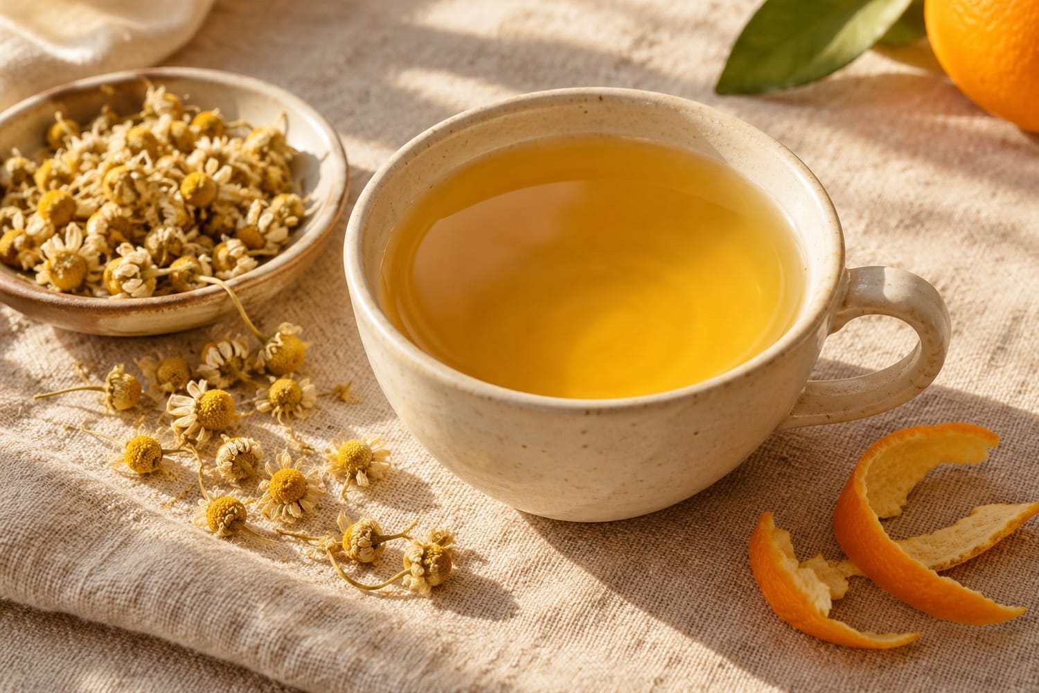Infusión de manzanilla y naranja en una taza