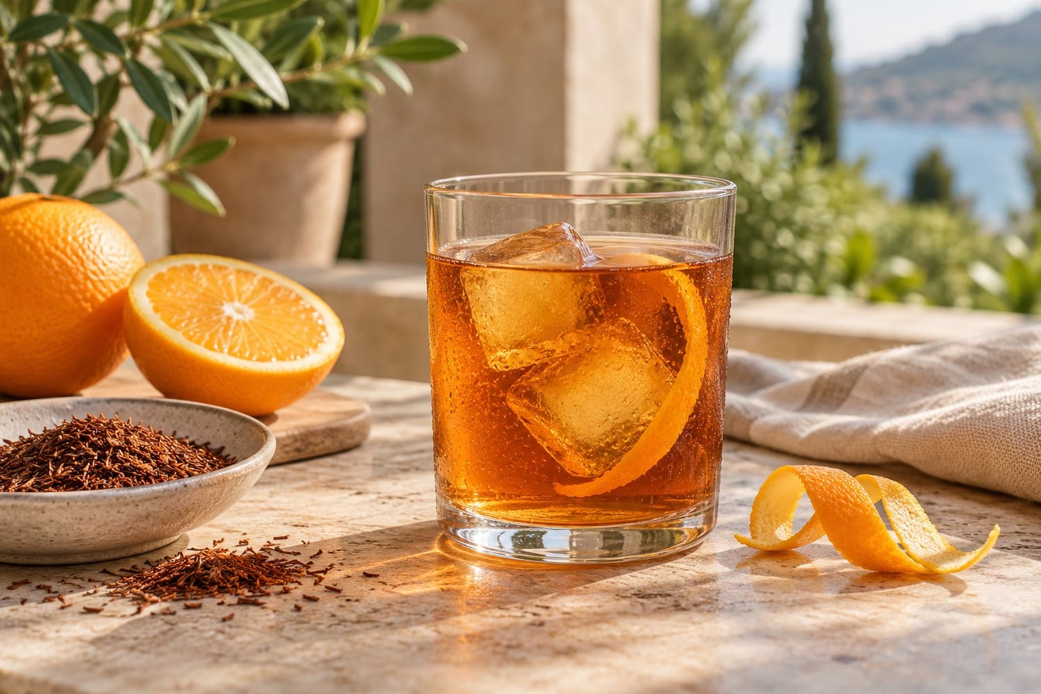 Rooibos frío con naranja servido en un vaso